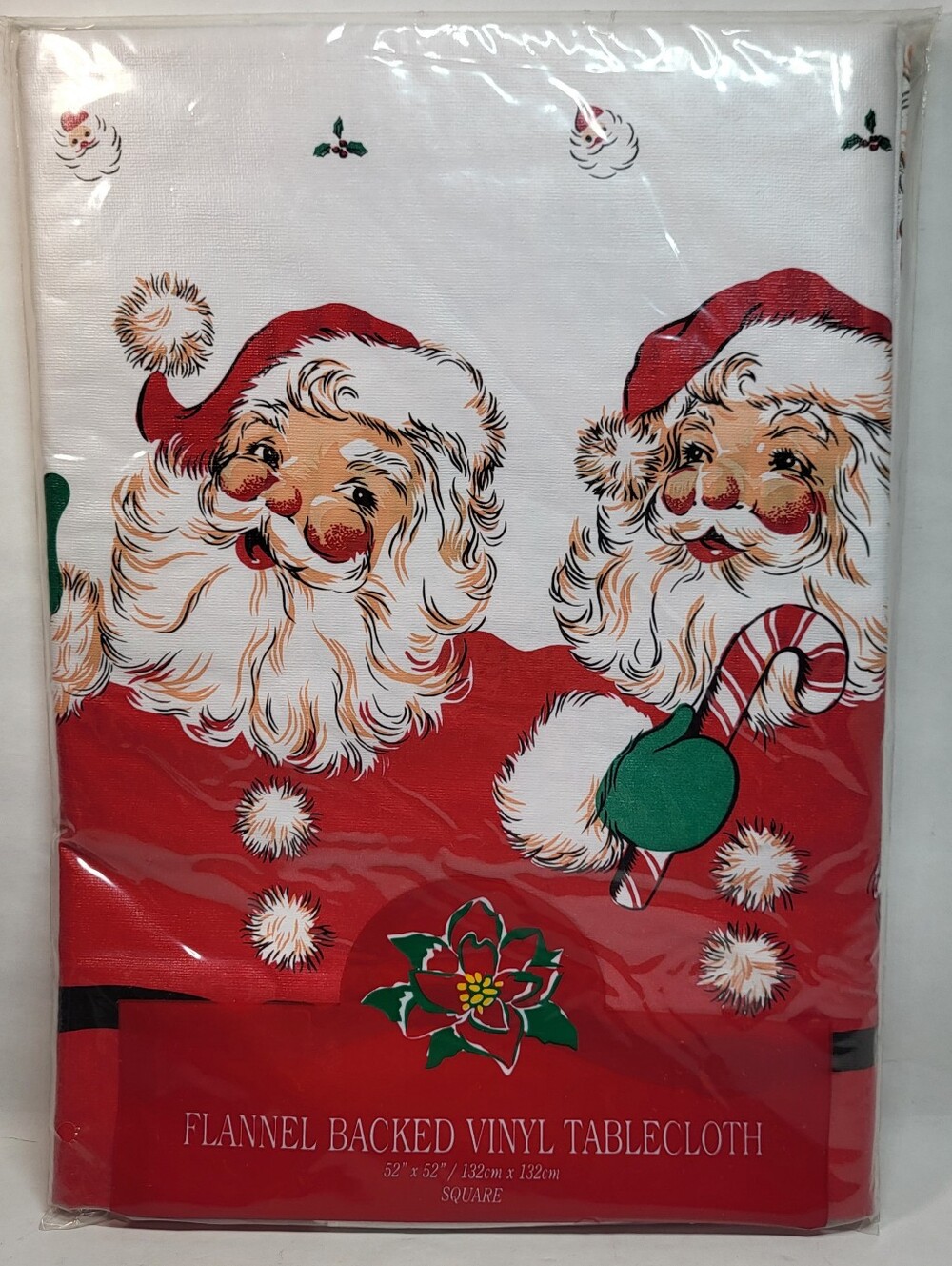 Town & Country Christmas TABLECLOTH 52" Square Flannel Backed Vinyl Santa NOS